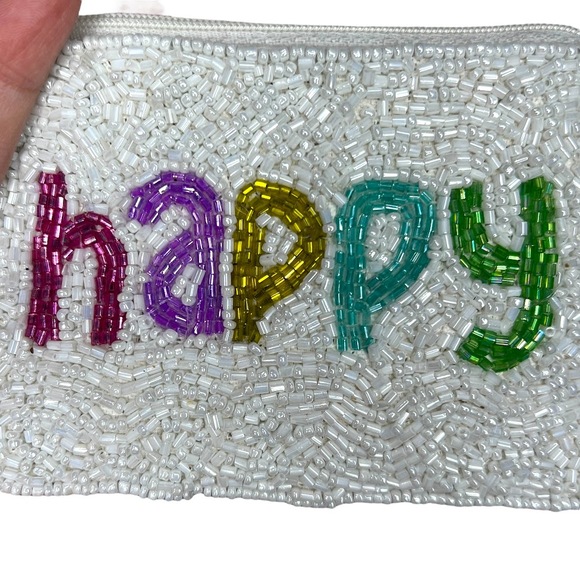 Shirdee Beaded "Happy" White Rainbow Cloth Back Zip Card Pouch Coin Purse - Picture 6 of 7